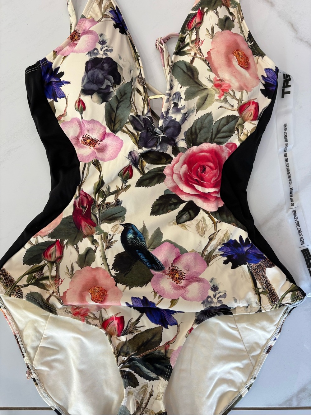 TA3 Plungey floral swimsuit shaping corset lace up back with rose bloom print - Picture 5 of 5